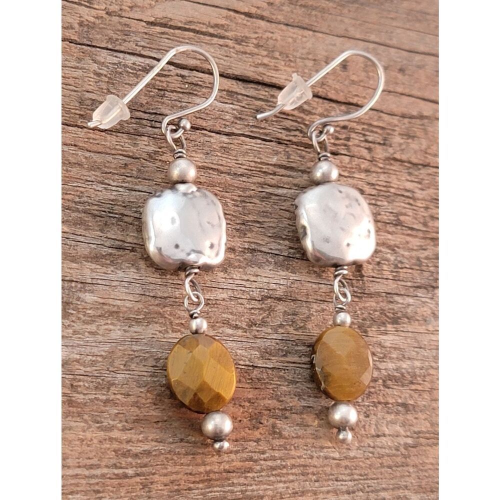 Silpada Hammered Sterling Silver & Faceted Tigers Eye Dangle Drop Earrings